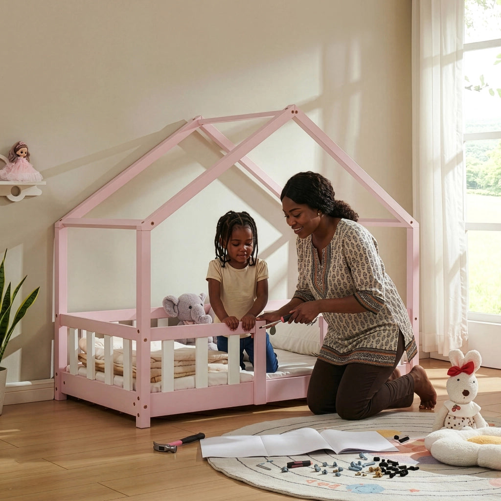 Letto per Cameretta Treviolo a Forma di Casetta in Stile Montessori con Materasso 70x140 cm - Rosa/Bianco [en.casa]