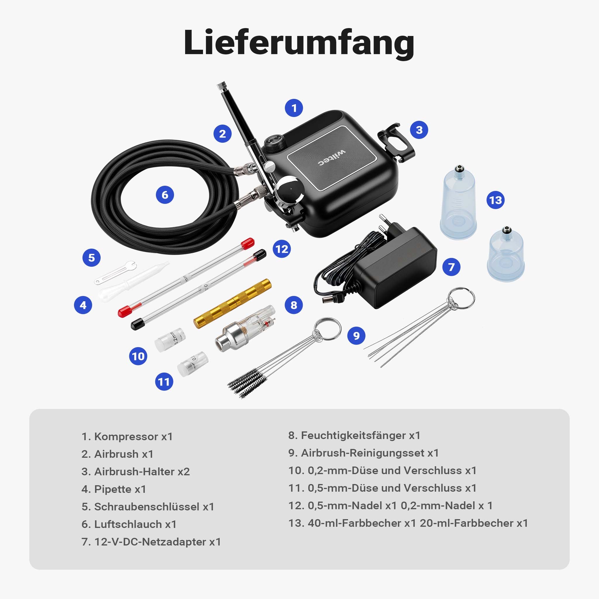 HS-A9K Set con compressore, pistola aerografo, ugelli e accessori, motore 12 V, pressione autostop 1,5 bar, per modellismo, tatuaggi, nail art, airbrush