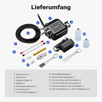HS-A9K Set con compressore, pistola aerografo, ugelli e accessori, motore 12 V, pressione autostop 1,5 bar, per modellismo, tatuaggi, nail art, airbrush