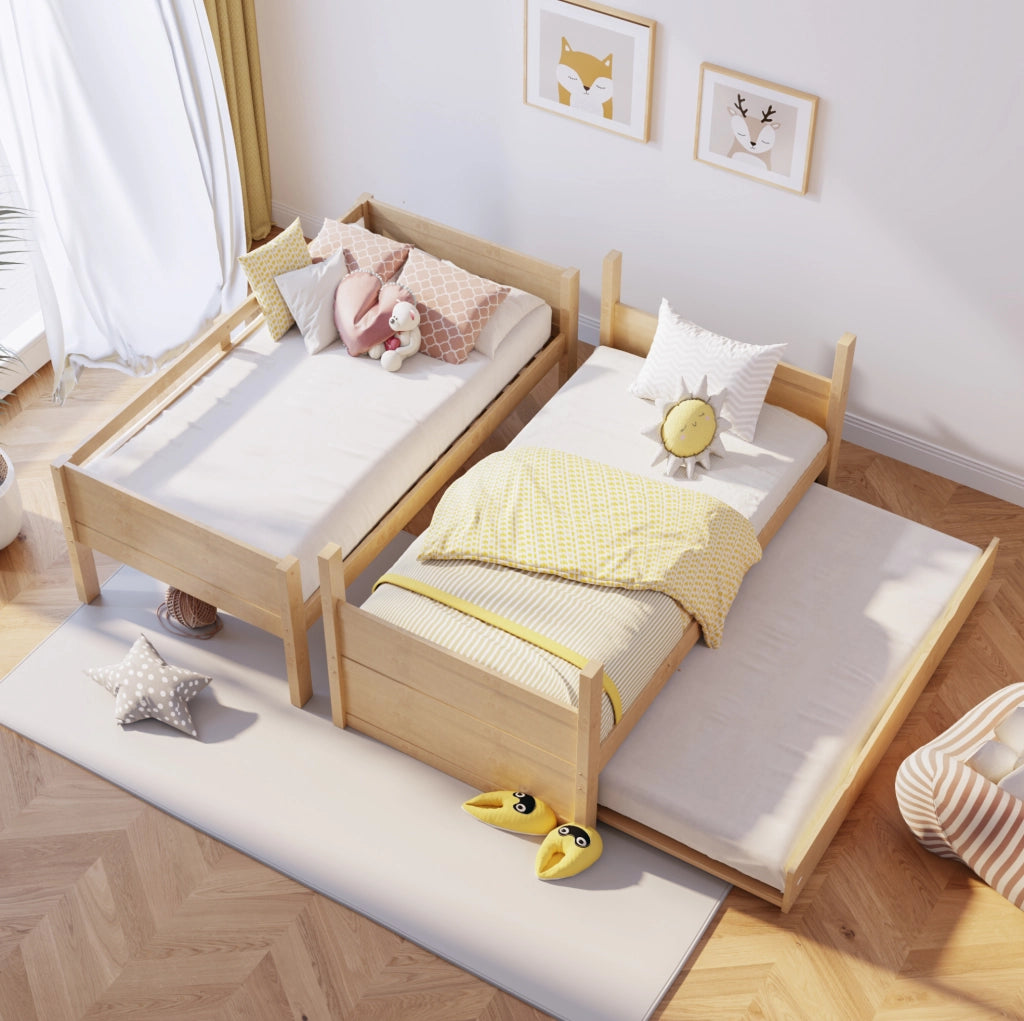 Letto a castello 90x200 cm con letto estraibile e sponde di sicurezza in legno colore naturale