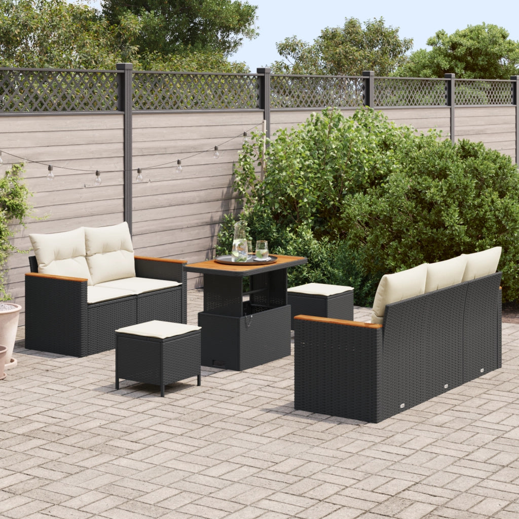 Set Divano da Giardino  8 Pezzi con Cuscini Nero Rattan Acacia