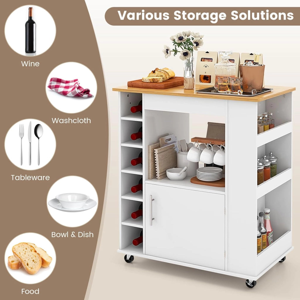 Carrello da cucina su rotelle, carrello da portata con piano di lavoro, isola da cucina mobile, in legno, con scaffale per vino e porta asciugamani e portaspezie, carrello da cucina bianco