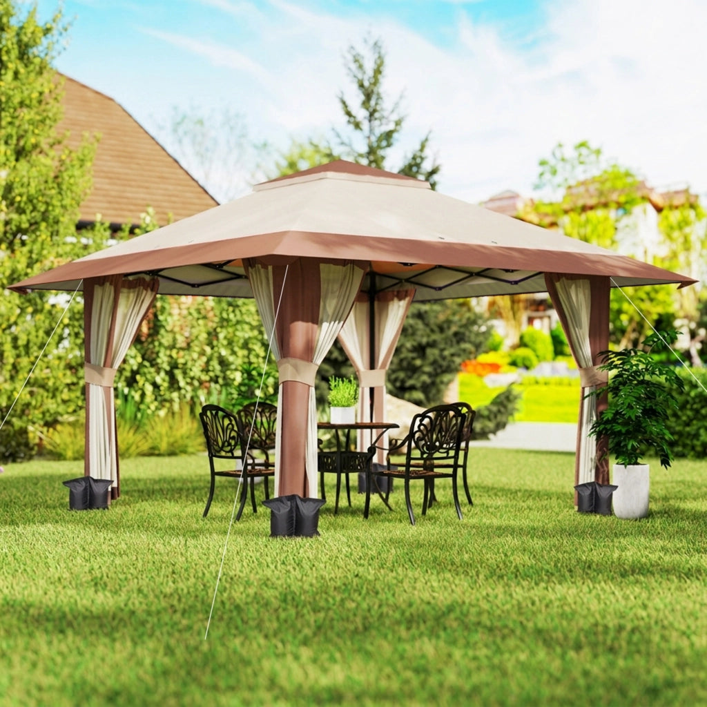 Gazebo da giardino 4x4 m con pareti a rete UPF50+ ¨C zephmum ¨C Beige