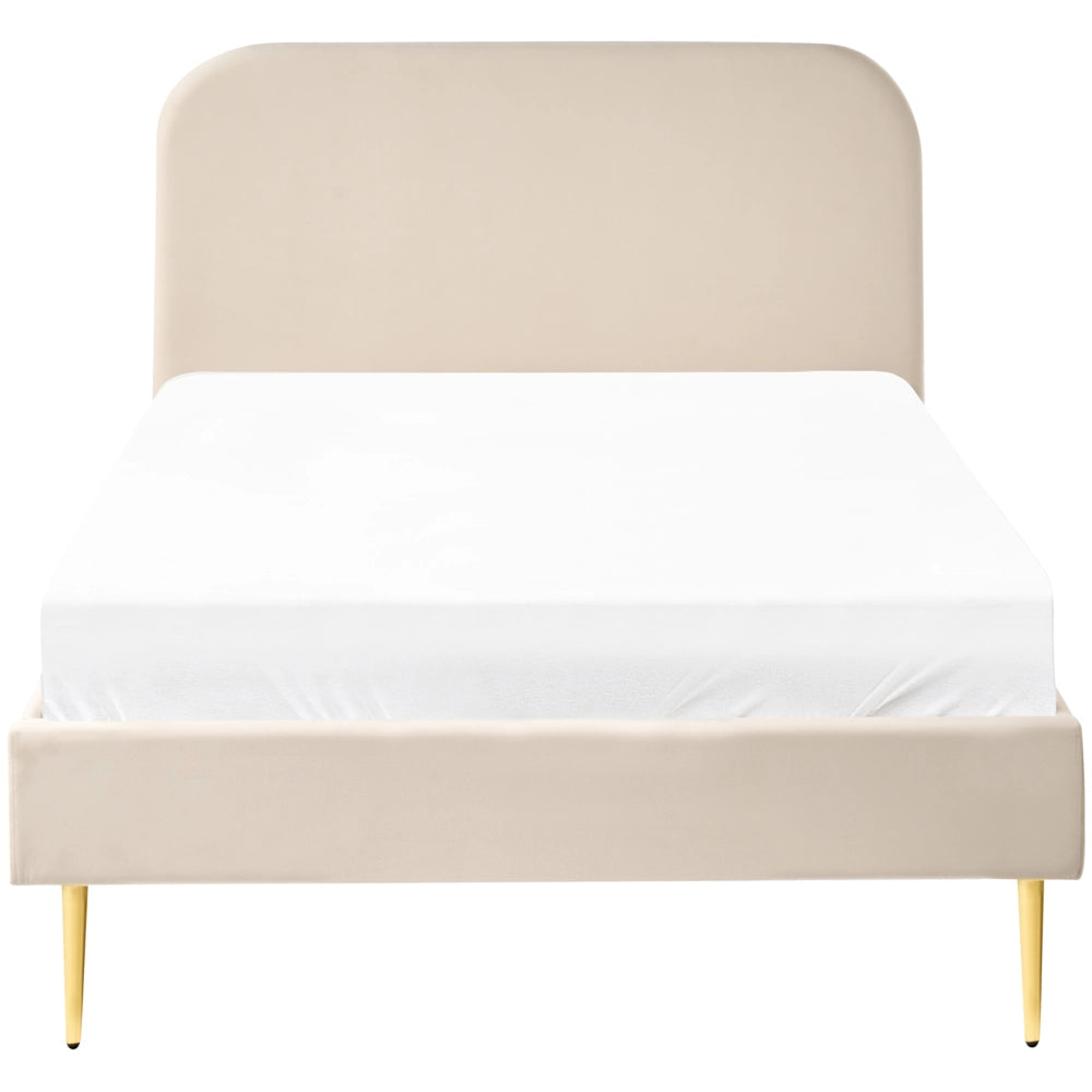 Letto beige velluto tappezzeria doppia dimensione gambe dorate testiera con rete a doghe 120 x 200 cm design minimalista
