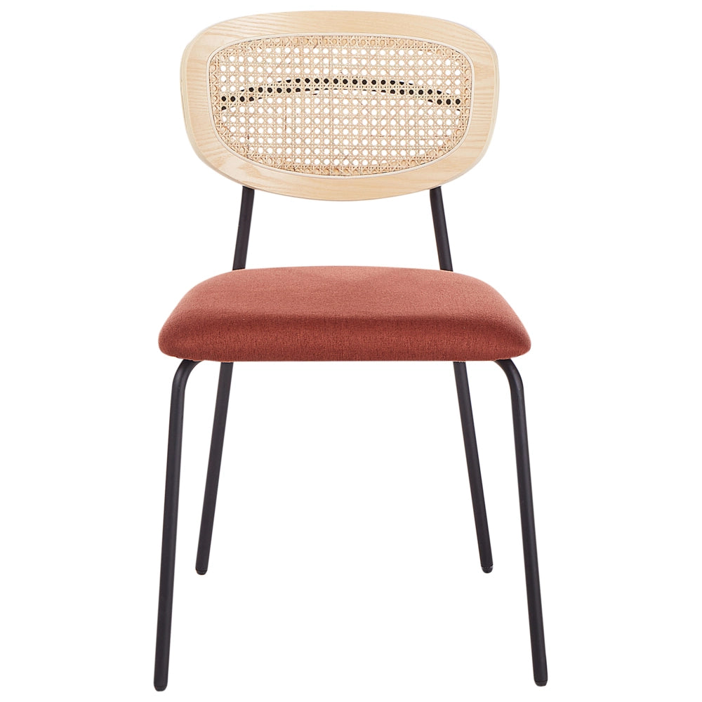 Set di 2 sedie da pranzo Rivestimento in poliestere arancione Schienale in rattan naturale a treccia viennese Gambe in metallo nero Sgabelli senza braccioli