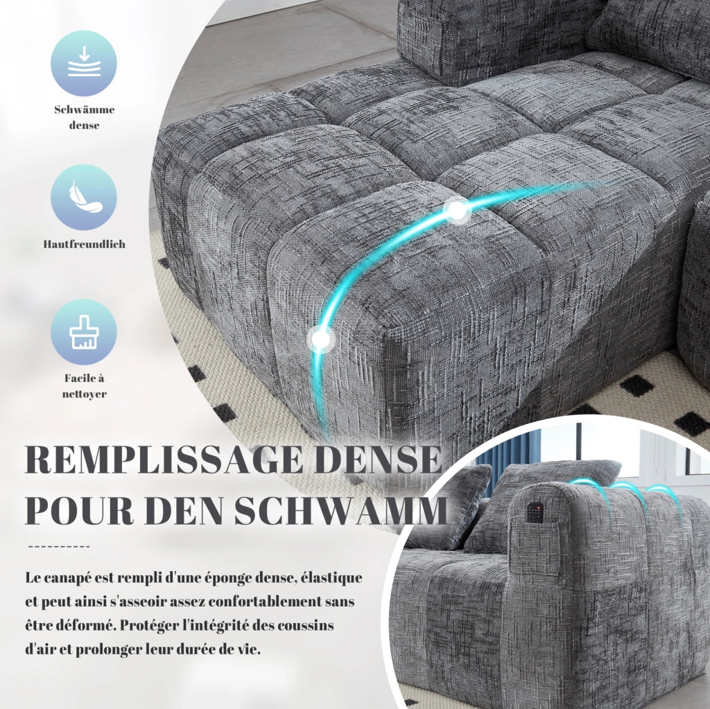 Divano componibile grigio in ciniglia con chaise longue e tasche
