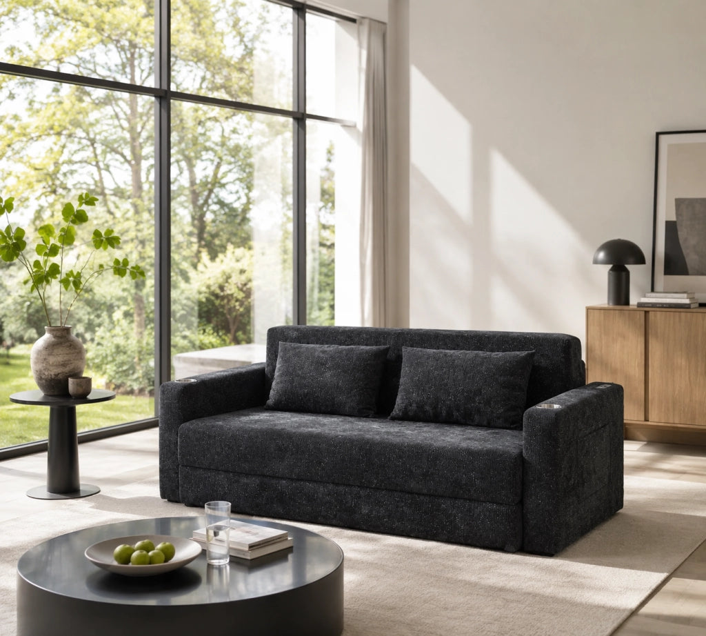 Divano letto 2 posti con USB e portabicchieri in chenille nero e grigio 80×50×50 cm