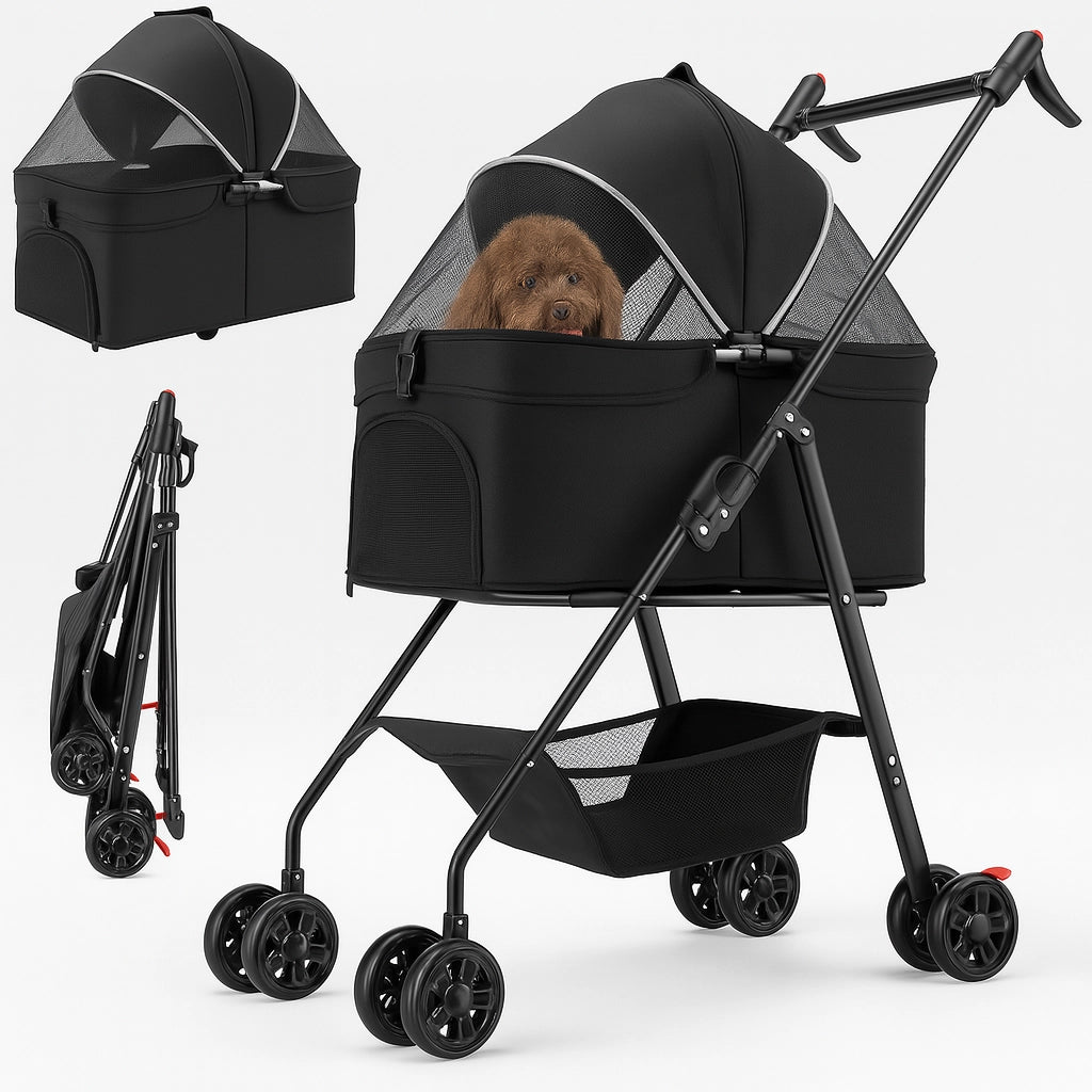 Passeggino per Cani Gatti 2in1 Cestello Rimovibile Pieghevole e Traspirante Nero