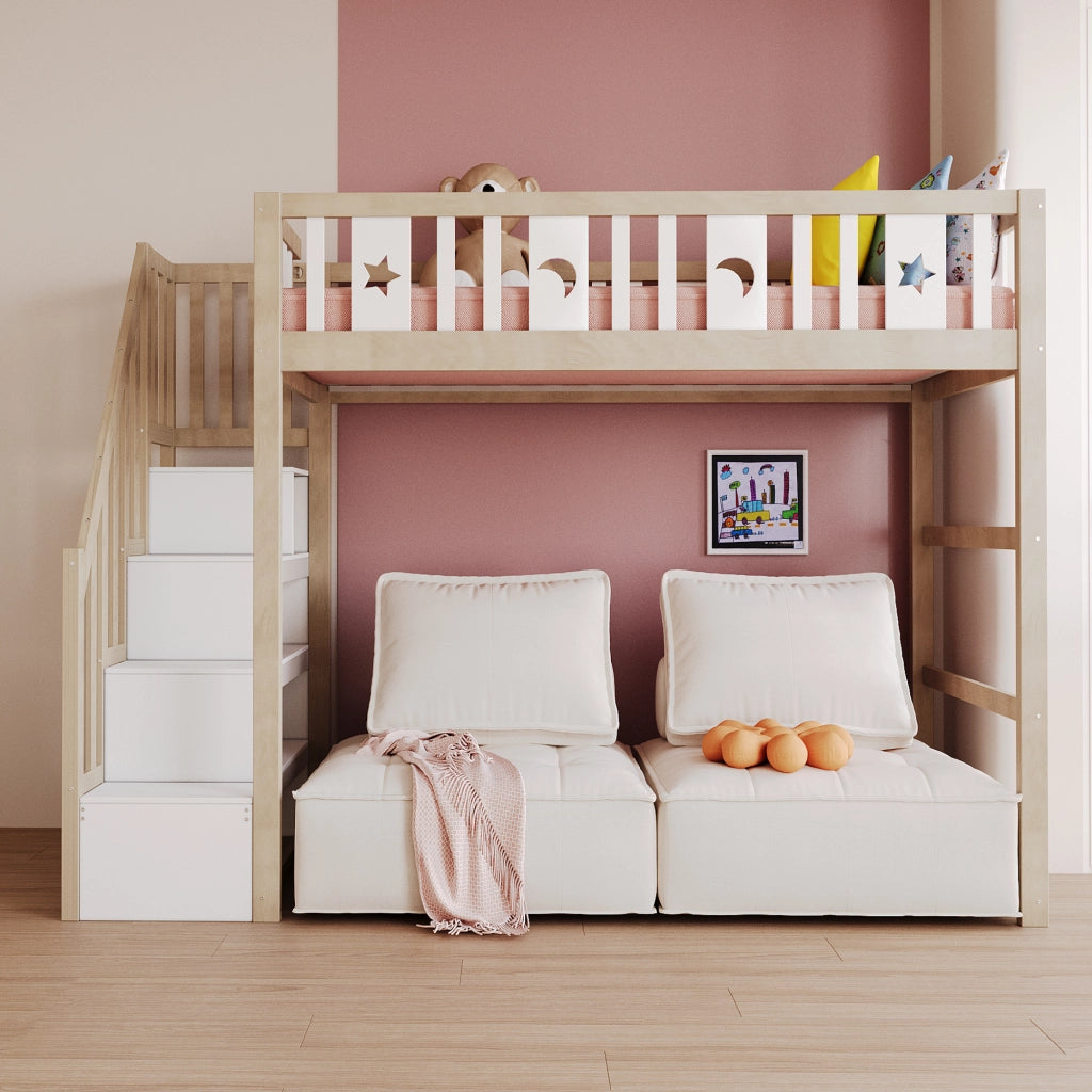 Letto a soppalco singolo con scala con ripiani e sponde; 90 × 200 cm; senza materasso