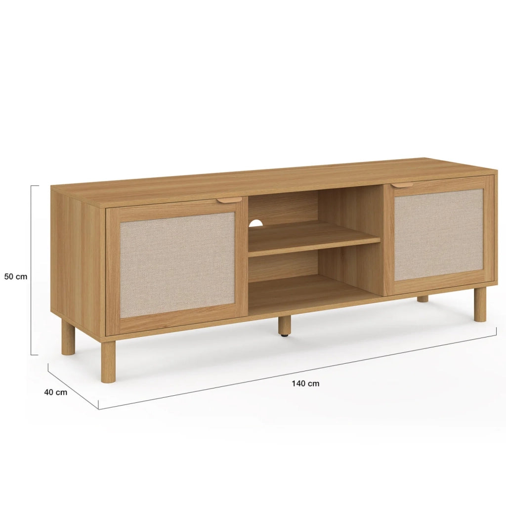 IDMarket - Mobile TV ROBIN da 140 cm con 2 ante in tessuto effetto lino e legno