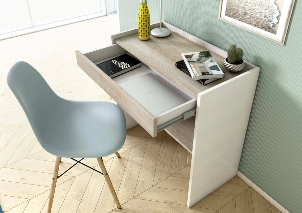Scrivania Adri, Scrittoio moderno con cassetto, Tavolo da studio o ufficio porta PC portalibri, Made in Italy, Cm 80x40h79, Bianco e Rovere