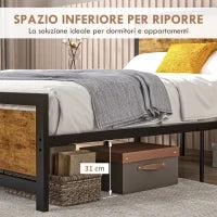 Struttura Letto Una Piazza e Mezza in Legno e Acciaio con Doghe in Stile Industriale, 140x200cm