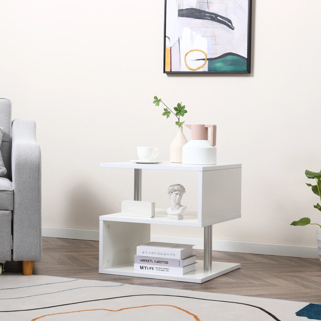 EasyComfort Tavolino Basso Da Salotto, Tavolino da Salotto Bianco, Design Moderno, Superficie Ampia, Due Ripiani, Forma S, in Legno e Ferro, 50 x 50 x 50cm, Bianco