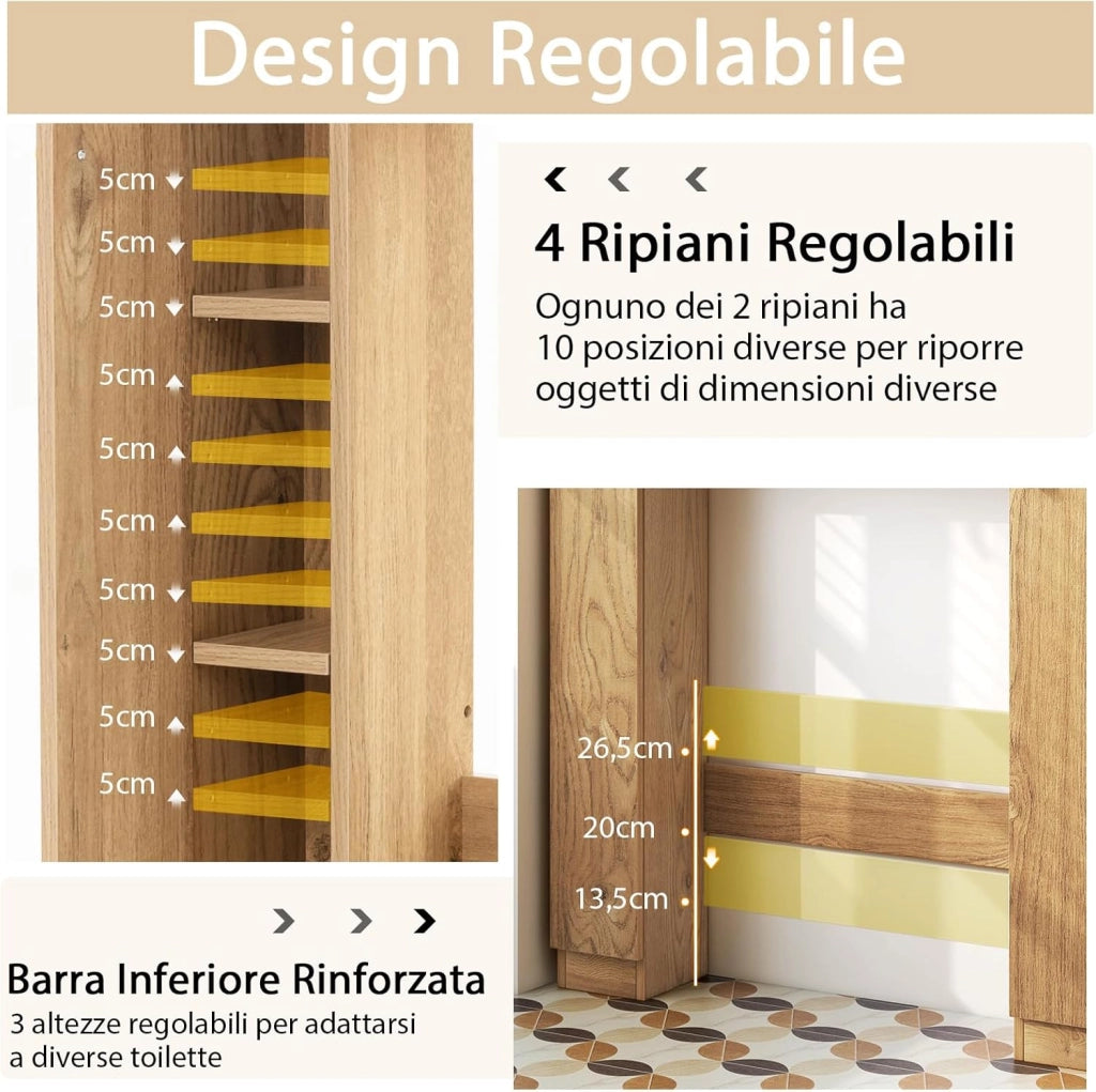 Scaffale Sopra WC, Mobile per Bagno con Doppia Anta, 2 Scomparti Aperti e 4 Ripiani Regolabili, Scaffale Salvaspazio da Terra per Bagno Lavanderia, 87,5x18x98 cm (Naturale)