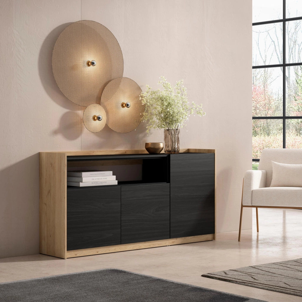 Credenza, Mobile, Cucina, 156x80x37 cm, 3 Porte, grande stoccaggio, Nero e rovere