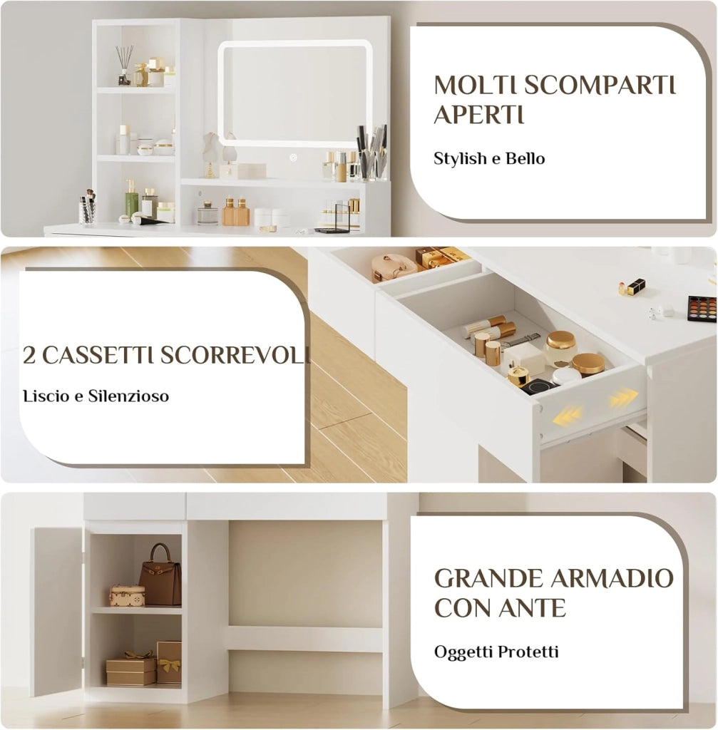 Toeletta Trucco con Specchio, Luci LED Regolabili, Ripiani Regolabili con 2 Cassetti，Postazione Trucco,Tavolo da Toilette Moderno in Legno Bianco