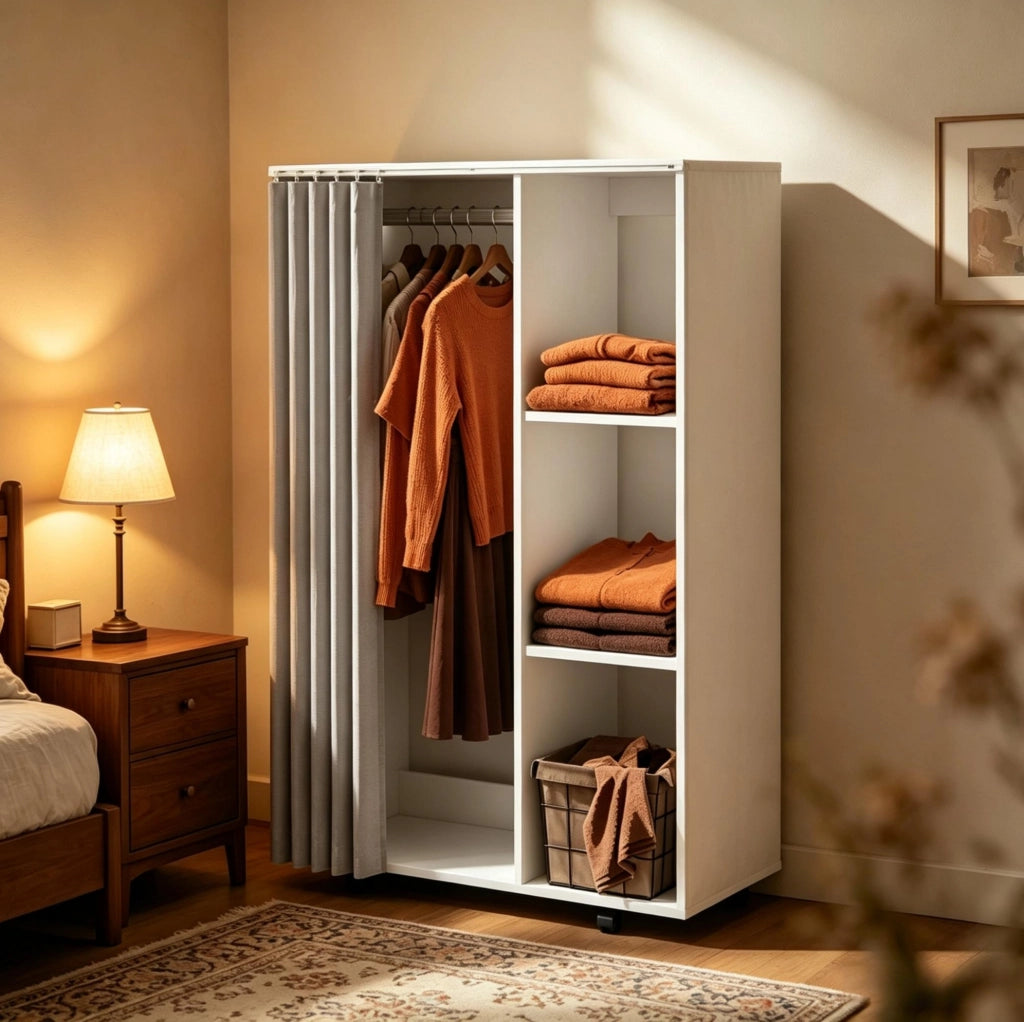 Appendiabiti mobile bianco con 4 ruote, asta portabiti e ripiani aperti, 80x40x128 cm