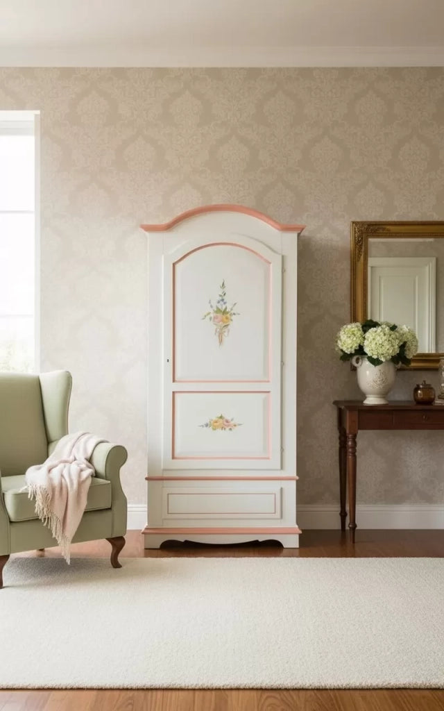 Armadio classico 1 anta shabby legno bianco decori filo rosa 96x56x196 - Mobili 2G