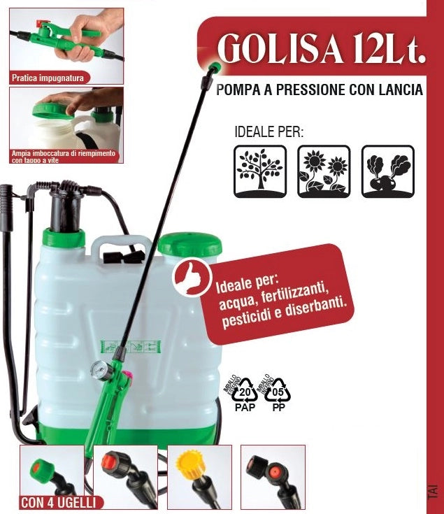 Pompa a zaino, spalla a pressione con irroratore, 4 diversi ugelli, giardino Golisa 12 Lt