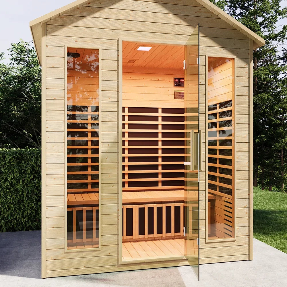 Sauna da esterno infrarossi 120x180 cm H208 da 2 o 4 posti in legno di abete con radio integrata | Pori