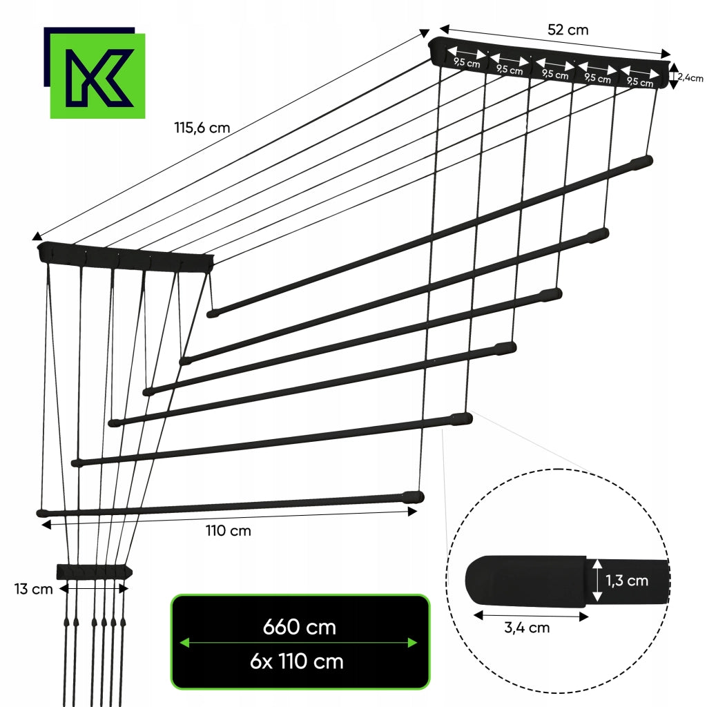 Stendibiancheria da soffitto KADAX per bagno, 6 barre, 110 cm, resistente e robusto.