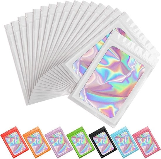 100 sacchetti Mylar resistenti all'odore, sacchetti di confezione holografici, sacchetti resistenti all'odore con chiusura ziplock per la conservazione di cibo, lip gloss e gioielli, imballaggio ciglia - Bianco - 6x10cm