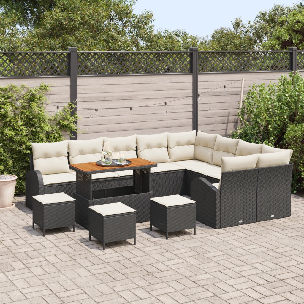 Set di Divani da Giardino in 13 Pezzi con Cuscini neri in Polyrattan e Acacia