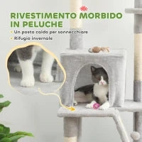 Albero Tiragraffi a Soffitto con Altezza Regolabile 225-255 cm con Casetta e Amaca, Grigio Chiaro
