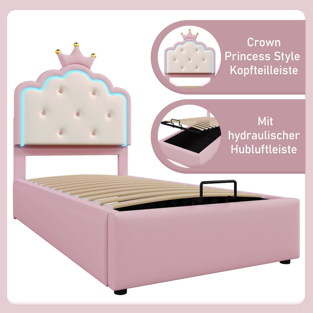 LETTO Contenitore 90x200 cm PU Rosa con luce LED
