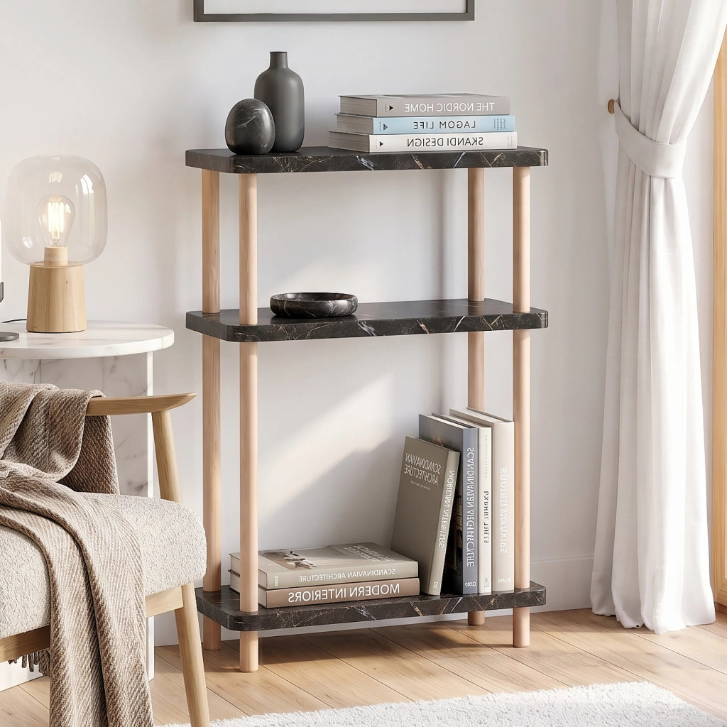 Scaffale da Terra Multiuso Nampernu a 3 Piani 62 x 40 x 18 cm - Effetto Marmo Nero [en.casa]