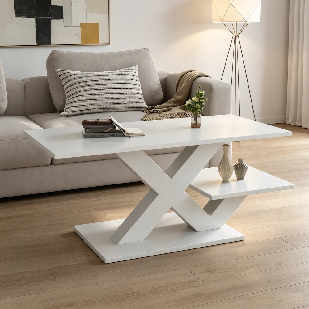 Tavolino da caff¨¨ rettangolare ¨C Minimal ¨C bianco lucido MDF gambe a X 100x48x45cm