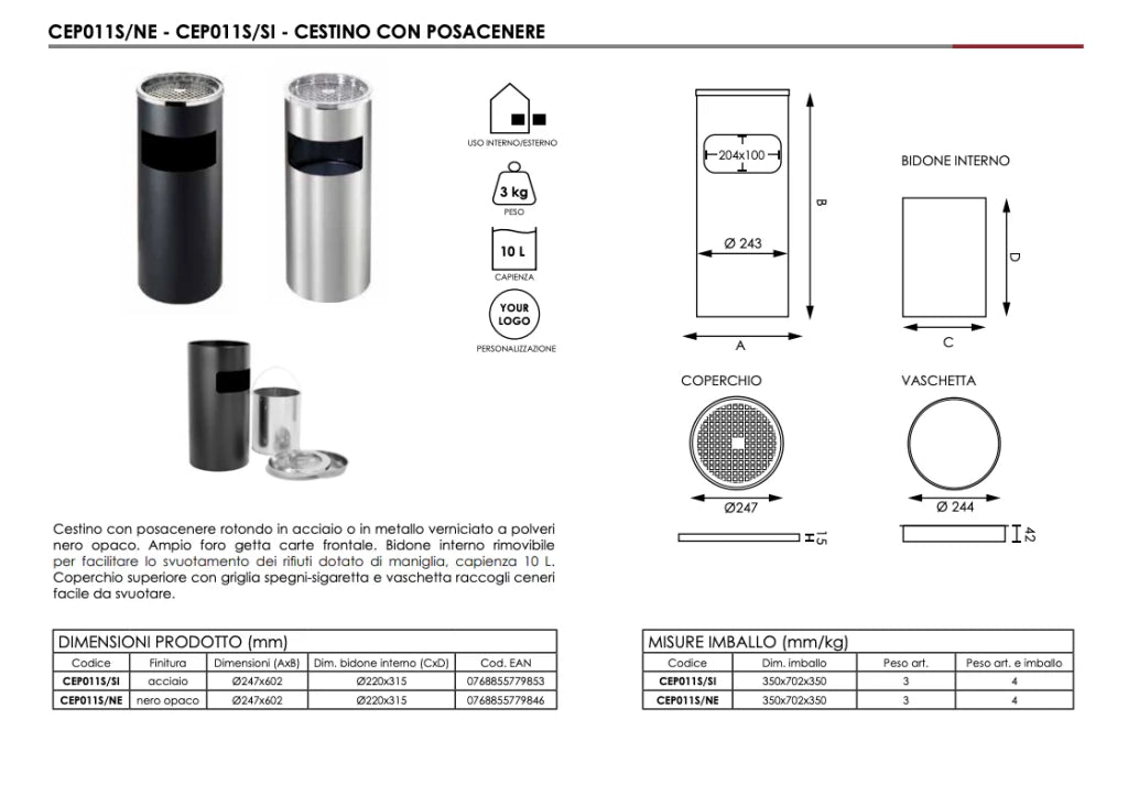 Posacenere con cestino circolare a griglia SMALL - Silver