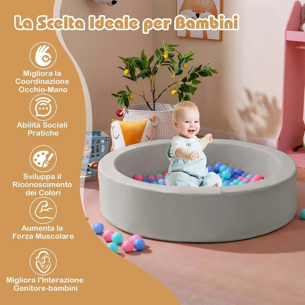 Piscina di Palline per Bambini, Vasca Rotonda con 200 Palline Colorate, Sacchetto in Rete e Copertura Rimovibile, Piscinetta in Morbida Schiuma per Soggiorno e Camera di Bambino (Grigio)