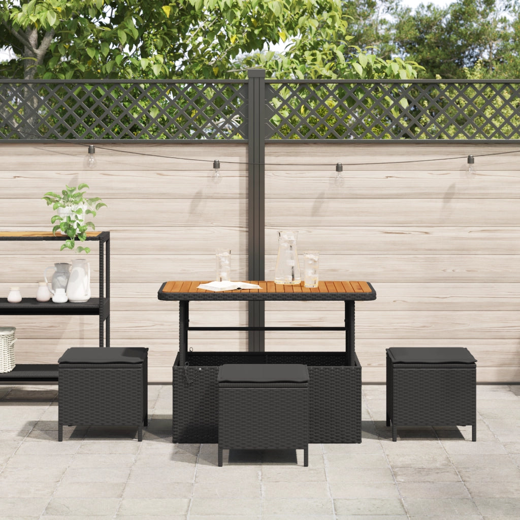 Set da Pranzo da Giardino 4 Pezzi con Cuscini Nero Polyrattan Acacia