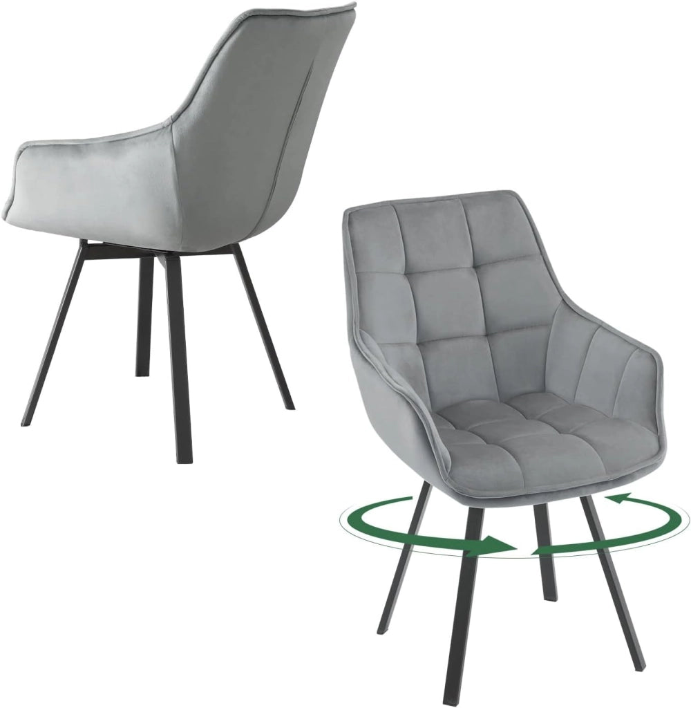 Set di 2 Sedie Sala da Pranzo, Sedie Cucina con Braccioli e Schienale, Poltroncine Girevoli con Gambe in Metallo, in Velluto, per Camera da Letto, Soggiorno, Grigio Scuro