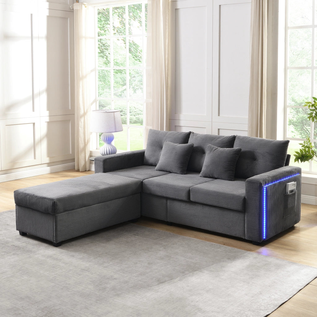 Divano ad angolo modulare con illuminazione LED e pouf versatile, con 2 cuscini, in tessuto corduroy grigio antico