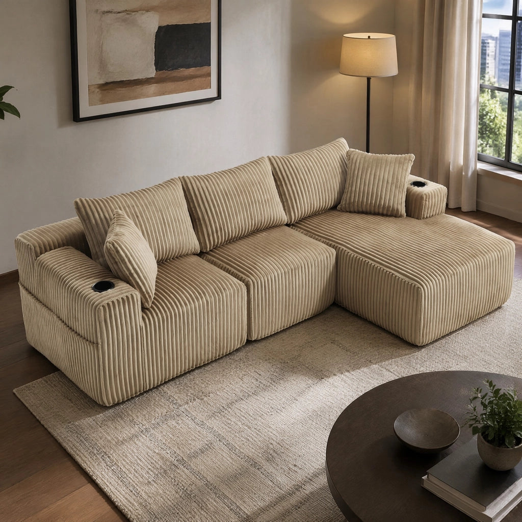Divano modulare con chaise longue, 2 posti e 5 cuscini