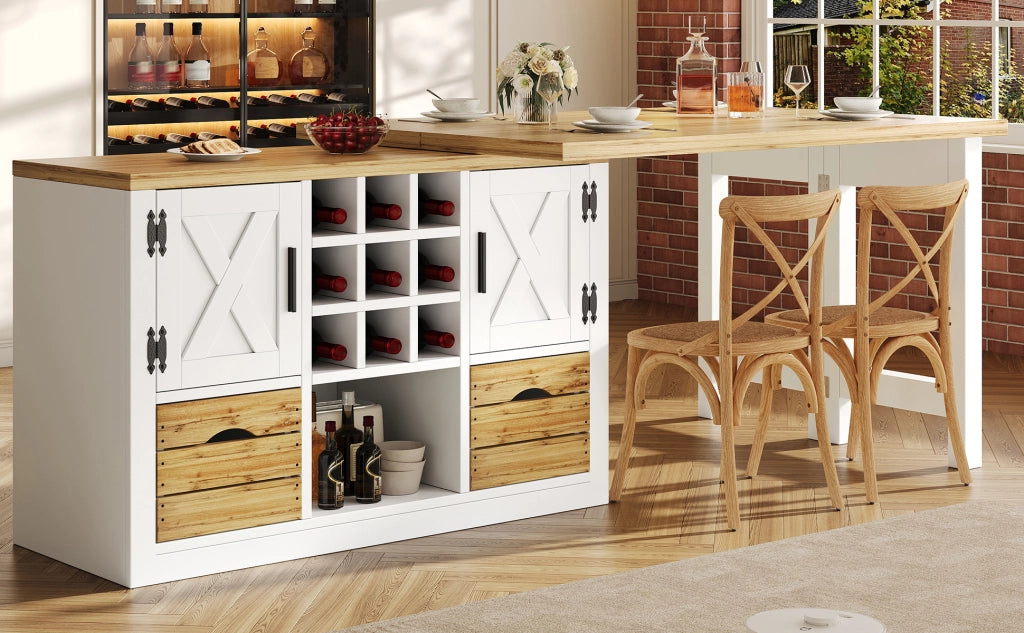 Tavolo da pranzo estensibile con madia, piano girevole a 360°, 1 cassetto e portabottiglie, per cucina, in MDF, bianco
