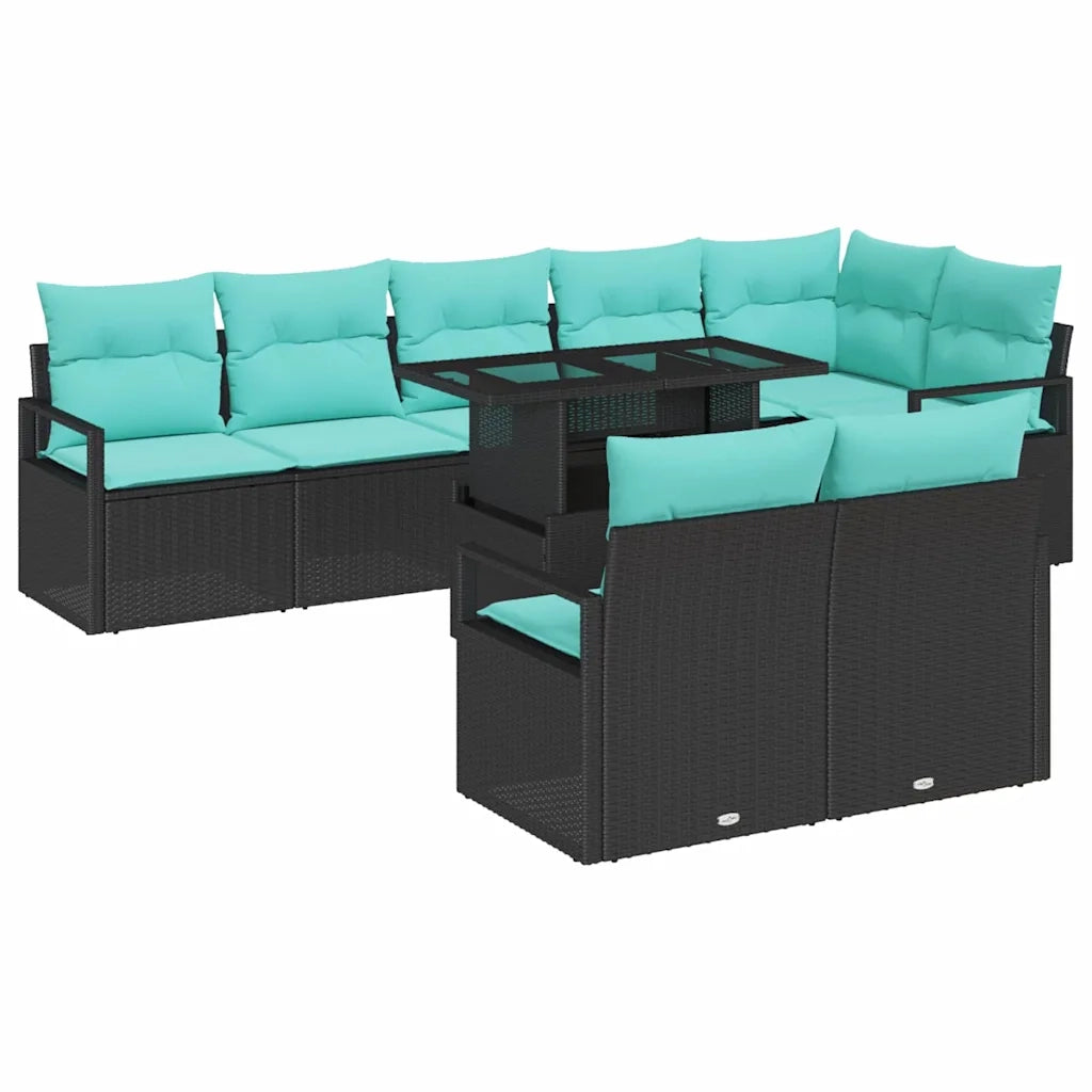 Set Divano da Giardino con cuscino 9 pcs Nero e Blu polyrattan