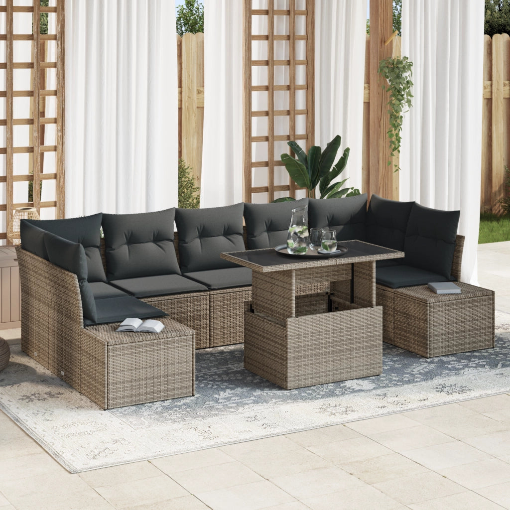 Set di divani da giardino in 8 pezzi con cuscini grigi in polirattan