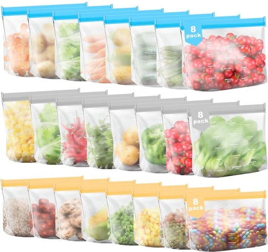 Sacchetti di congelazione in silicone, 24 pezzi di sacchetti di congelazione in silicone riciclabili con fondo verticale, contenitori per snack, sacchetti per carne, uova, latte, pane
