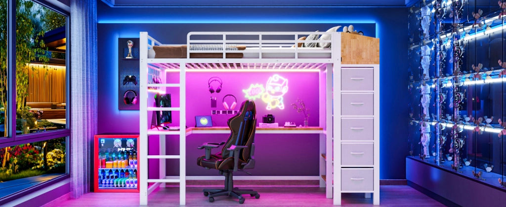 Letto a soppalco 90 × 200 cm con scrivania gaming, USB e Type-C, LED, 5 cassetti, senza materasso, bianco