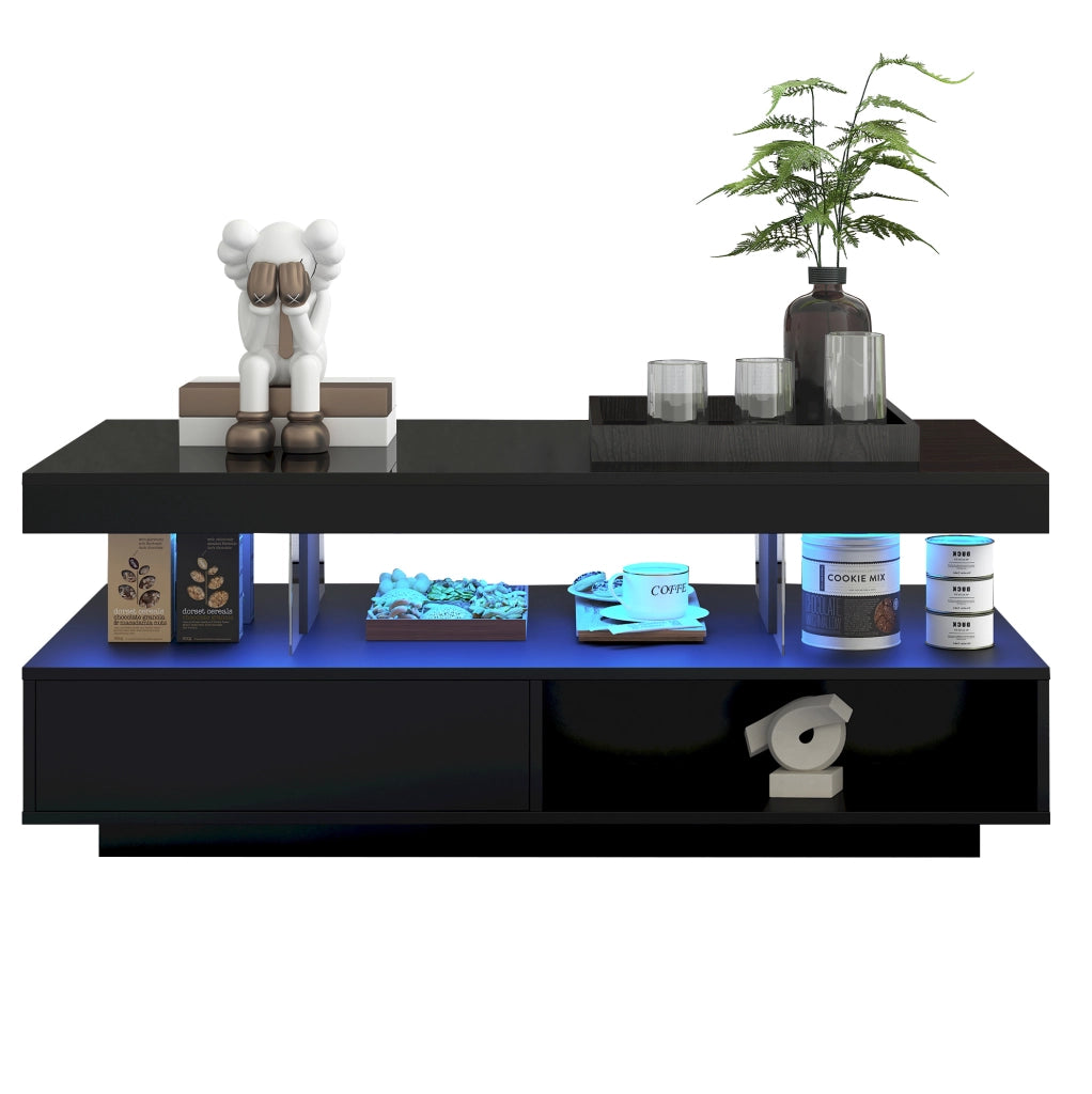 Tavolino da caffè nero lucido 95x50x42;5 cm con 4 inserti in vetro; 2 cassetti e 2 vani aperti