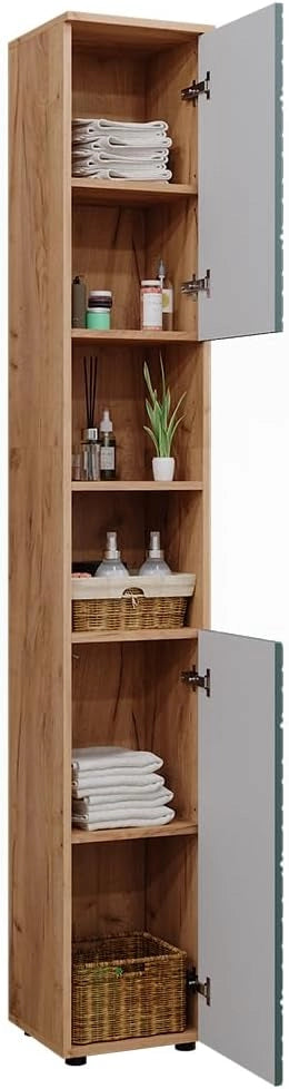 Mobiletto da bagno Irma, Quercia verde/oro, 30 x 192 cm, per la conservazione di accessori da bagno e compatibile con la serie Irma