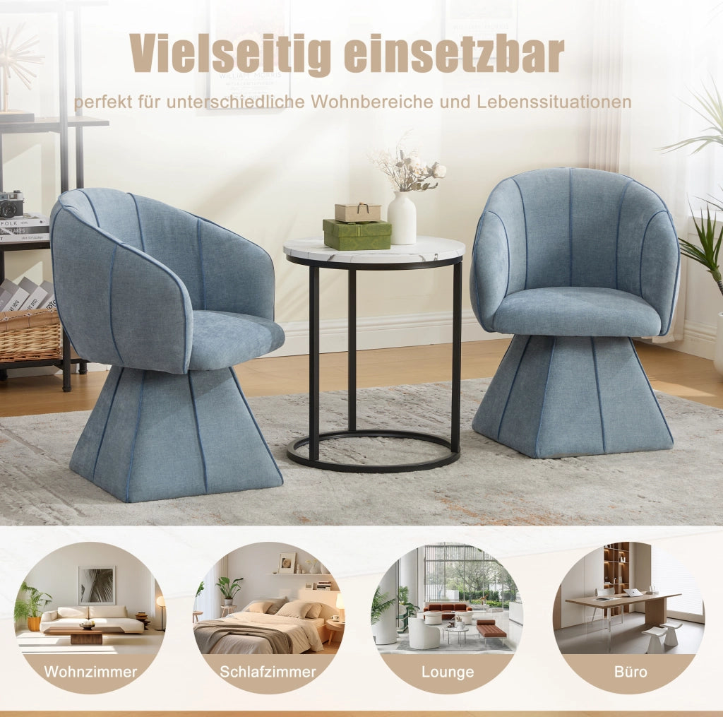 Poltrona girevole 360° in ciniglia blu con schienale alto e braccioli