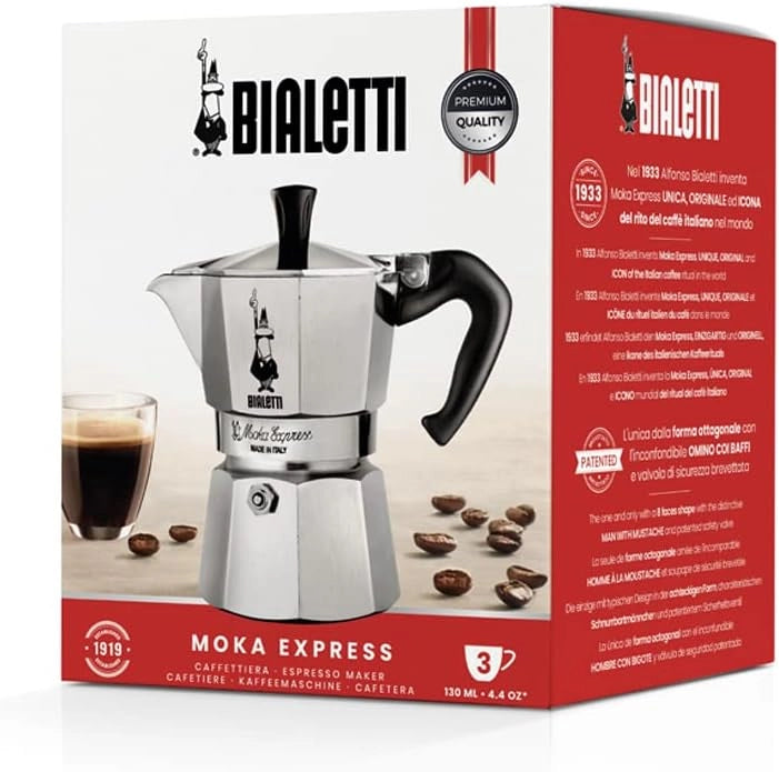 Caffettiera Moka Express Restyling 3 Tazze in Alluminio con Manico Ergonomico e Valvola di Sicurezza Made in Italy Bialetti