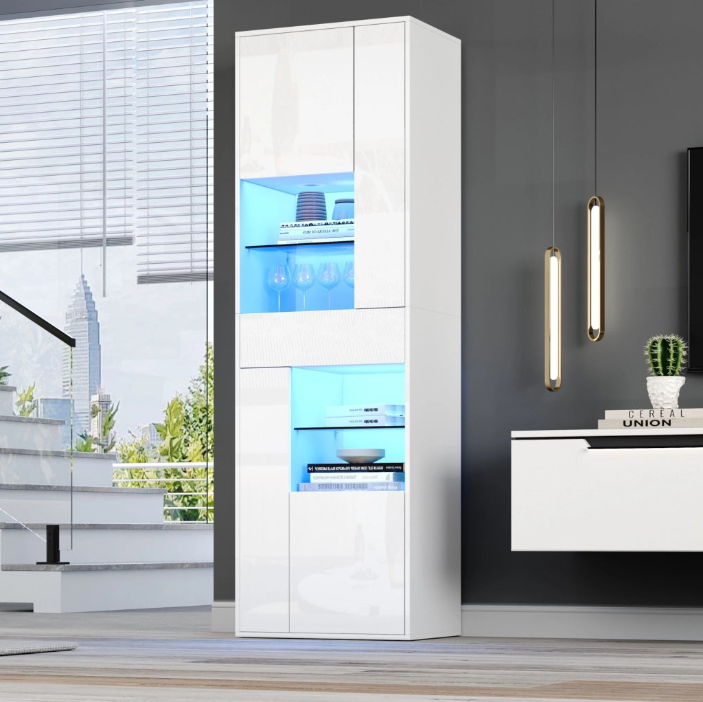 Vetrina alta bianca 55 x 38 x 170 cm con LED e 1 cassetto