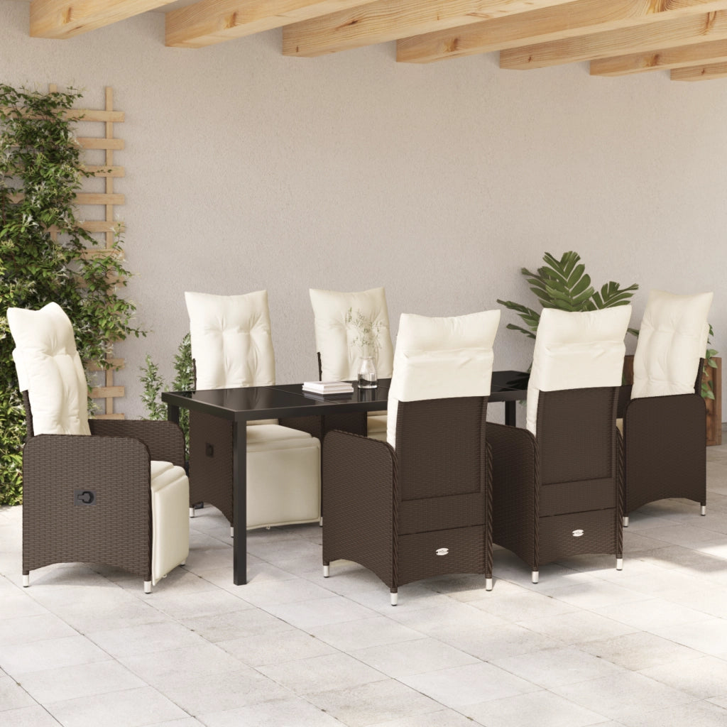Set da Pranzo da Giardino 7 Pezzi con Cuscini in Polyrattan Marrone