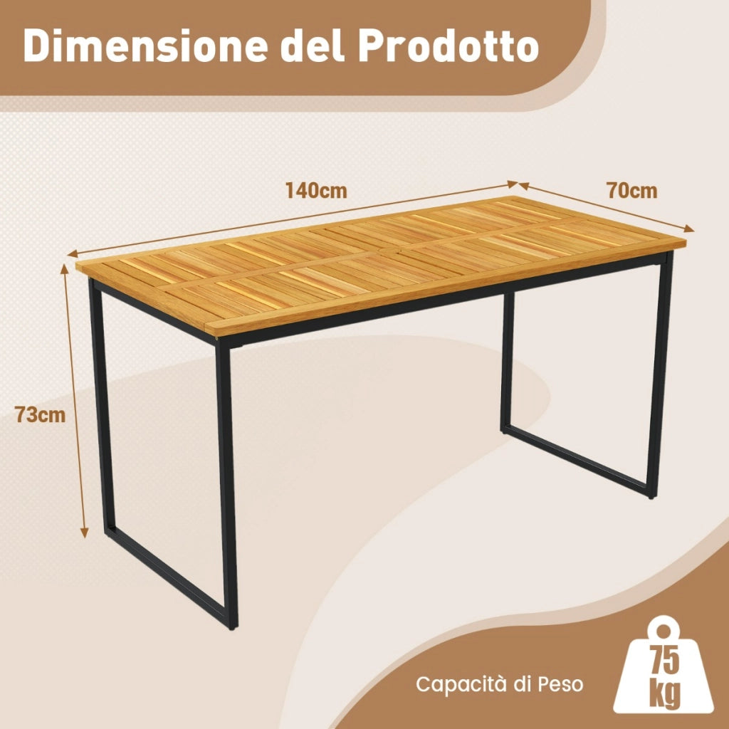 Tavolo da pranzo in legno di acacia per 6 persone con piano a doghe, Tavolo da giardino rettangolare per cortile Naturale-Tavoli da esterno