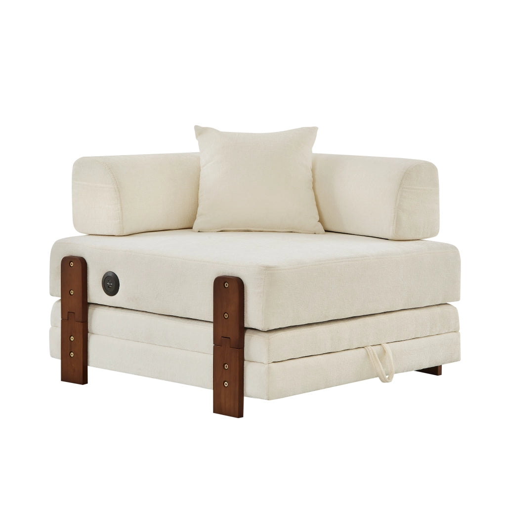 Divano letto pieghevole 2 in 1 - con USB; Type-C e tasche laterali - in tessuto - beige